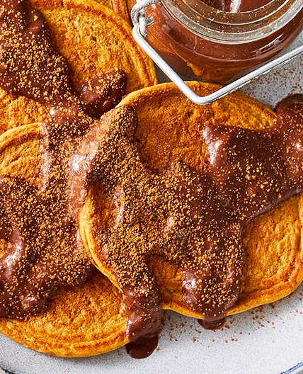 Sweet Potato Flapjacks with Warm Chocolate Sauce