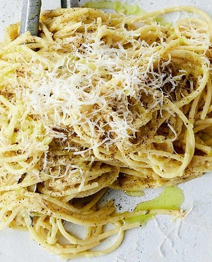 Jamie Oliver's Sweet Leek Carbonara with Fresh Thyme, Garlic, Cracked Black Pepper and Parmesan