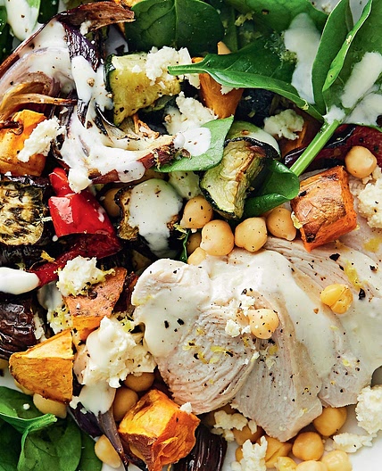 Creamy chicken and roast vegetable salad recipe