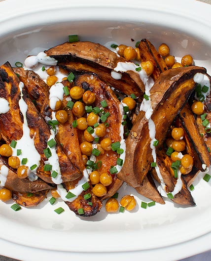 Oven-Roasted Sweet Potatoes with Crispy Chickpeas and Yogurt Sauce
