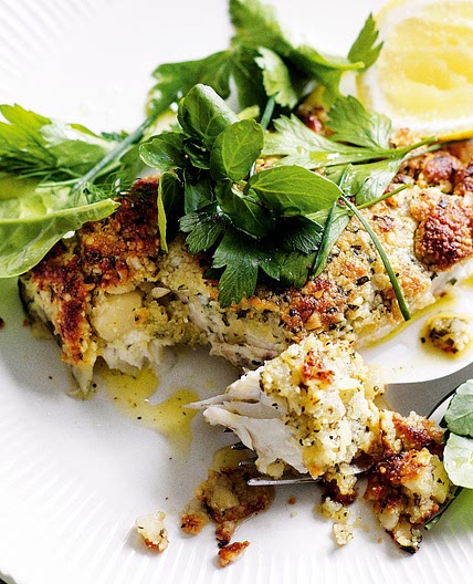 Macadamia-crusted fish with herb salad