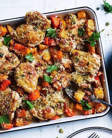 Baked chicken with pumpkin and chorizo