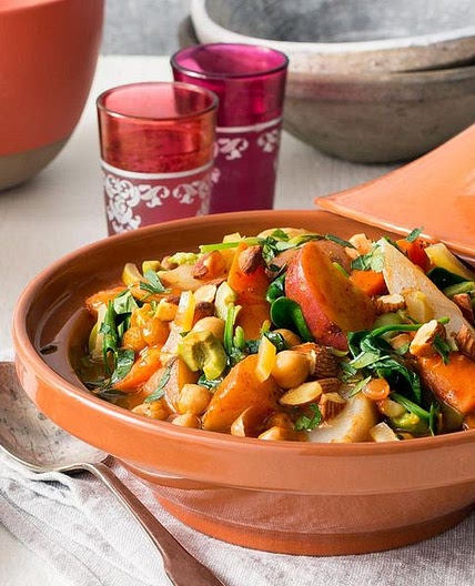 Moroccan root vegetable and chickpea tagine with roasted almonds and golden raisins