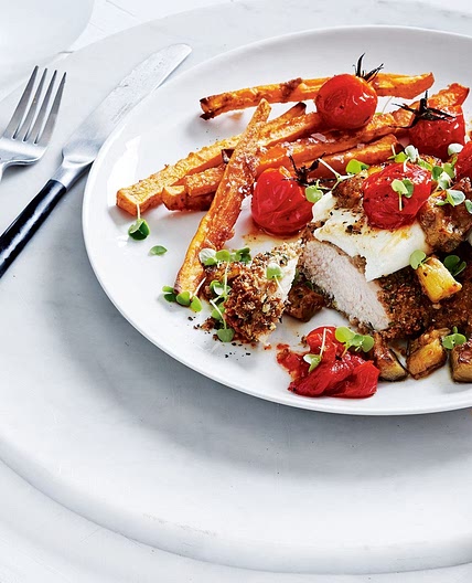Rye chicken parmigiana with sweet potato fries