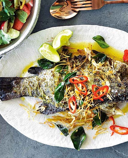 Barramundi, lemongrass and lime leaves