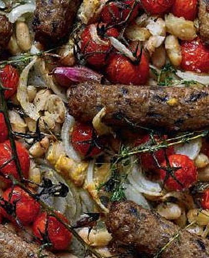 Braised Sausage All-in-one with Cherry Tomatoes, Cannellini Beans and Cider