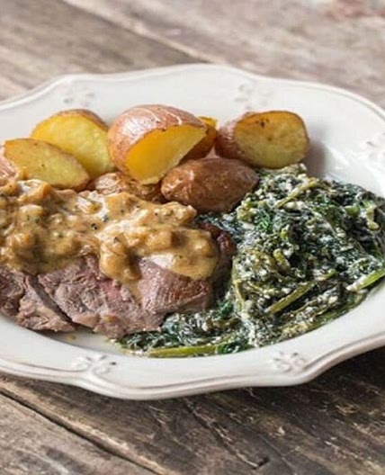 Peppercorn Steak with Crispy Roasted Potatoes & Creamed Kale