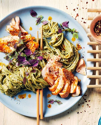 Green tea noodles with sticky sweet chilli salmon recipe