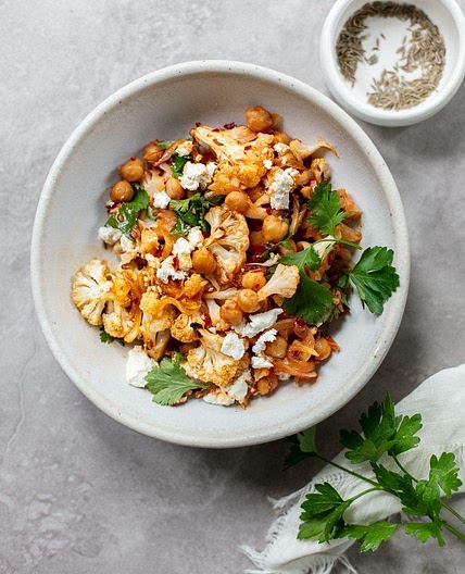 Roasted Harissa Cauliflower Salad with Chickpeas