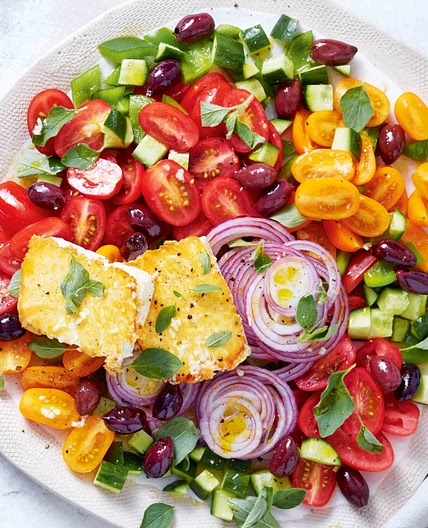 Tomato Greek salad with pan-fried fetta recipe