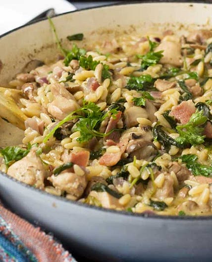 One-pot creamy chicken, bacon and mushroom orzo