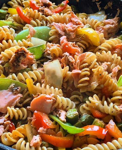 Grilled salmon and vegetables pasta (low sodium low carb)