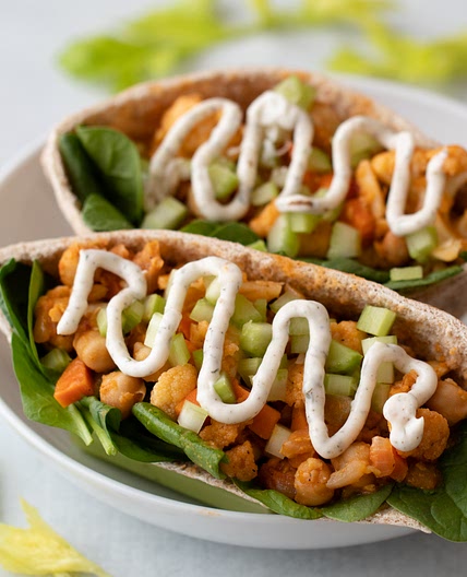 Buffalo Cauliflower & Chickpea Pita Pockets with Ranch Sauce