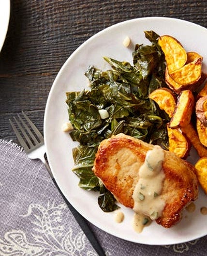 Maple Gravy-Smothered Pork Chops with Stewed Collard Greens & Sweet Potatoes
