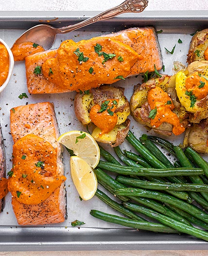 Sheet-Pan Salmon Romesco With Green Beans & Crushed Potatoes