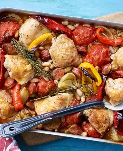 Chicken tray bake with Chorizo, tomato & red pepper