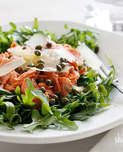 Arugula Salmon Salad with Capers and Shaved Parmesan