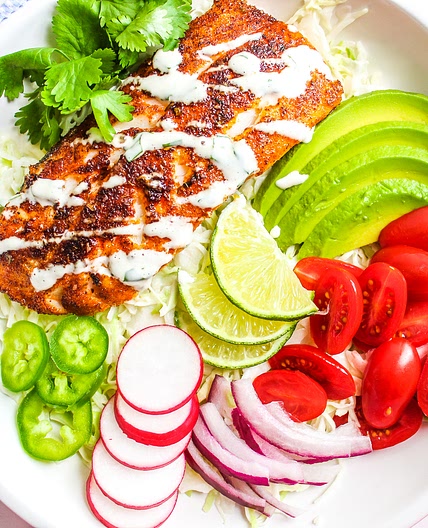 Fish Taco Bowls with Cilantro Lime Cream Sauce