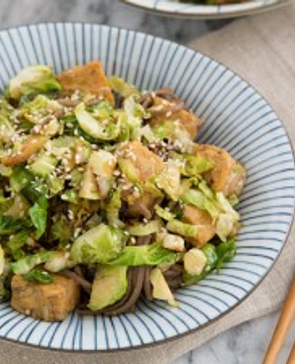 Brussels Sprout, Tempeh, and Soba Noodle Skillet