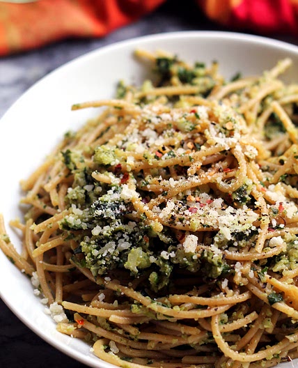 Spaghetti with Cauliflower and Garlicky Swiss Chard Gremolata