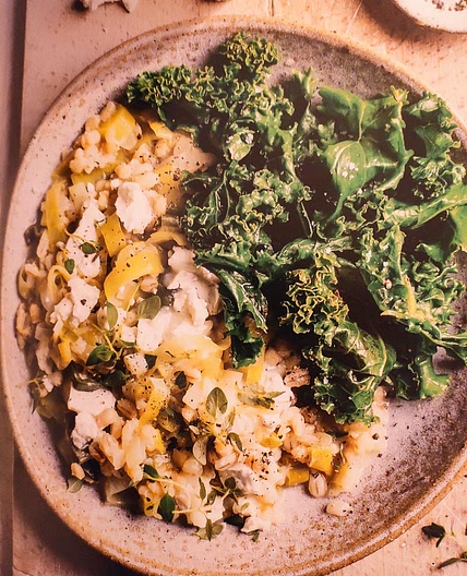 Leek and goat's cheese barley risotto