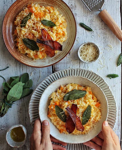 Squash Risotto, Crispy Sage, Eggplant Bacon - Avant-Garde Vegan