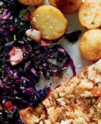 MUSTARD-CRUMBED SALMON WITH SWEET & SOUR CABBAGE & ROAST POTATOES