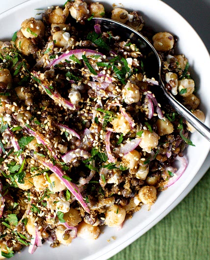 lentil and chickpea salad with feta and tahini