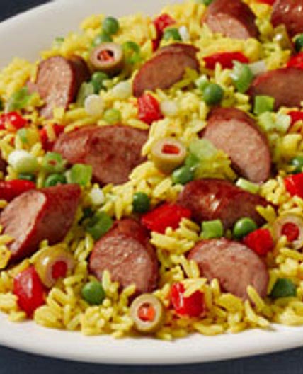 Pan-Seared Smoked Sausage with Yellow Rice
