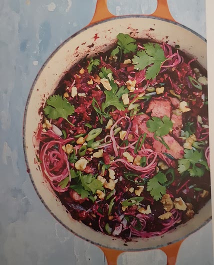 Clay pot noodles with beetroot and smoked tofu