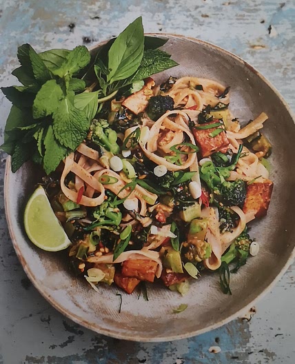 Peanut butter and purple sprouting broccoli pad thai