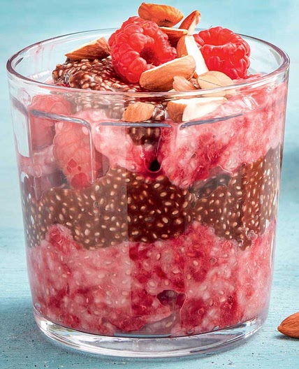 Layered chocolate, raspberry & almond puddings