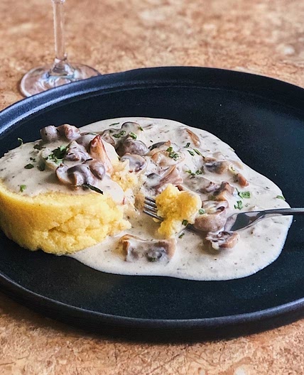 Coconut cream polenta with mushrooms