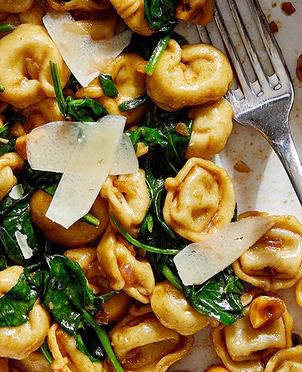 Balsamic Brown Butter Tortellini with Spinach and Hazelnuts