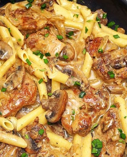 Pork Tenderloin in Creamy Mushroom Sauce and Pasta dinner