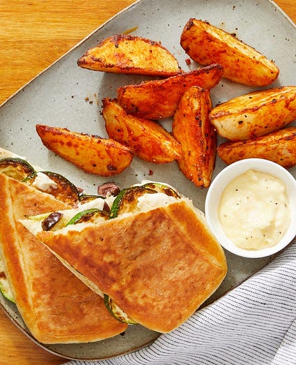 Zucchini, Mozzarella, & Olive Paninis with Smoky Roasted Potatoes