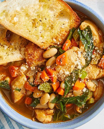 Chicken & White Bean Soup with Crispy Garlic Toast