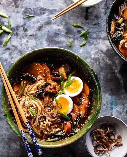 Feel Good Ramen with Sweet Potatoes and Crispy Shallots