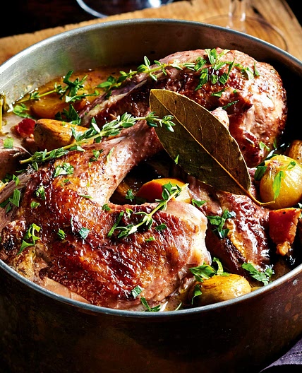 Slow-cooked coq au vin