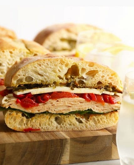 Grilled Roasted Pepper, Pesto, and Turkey Sandwiches