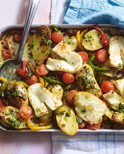 Mediterranean roasted halloumi with basil dressing