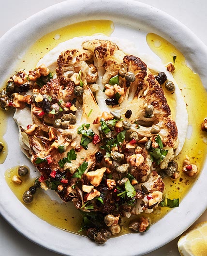 Cauliflower Steaks and Purée with Walnut-Caper Salsa