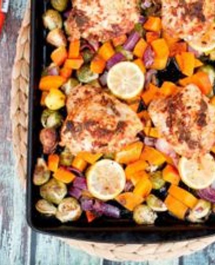 One-Pan Roasted Chicken with Butternut Squash and Brussels Sprouts