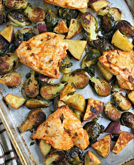 Sheet Pan Chicken Dinner with Brussels Sprouts and Sweet Potatoes