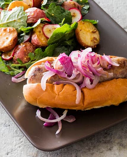 Bratwurst Sandwiches with Red Potato and Kale Salad