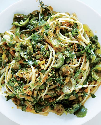 Linguine with Green Olive Sauce and Zesty Breadcrumbs