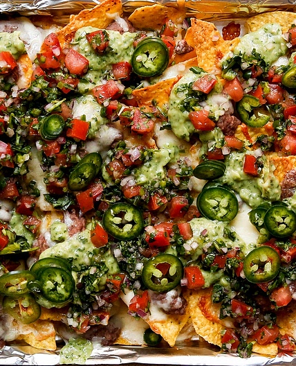 Fully Loaded Black Bean Nachos with Red and Green Salsas