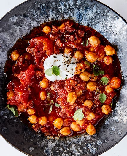 Chorizo, Tomato, and Chickpeas with Yogurt