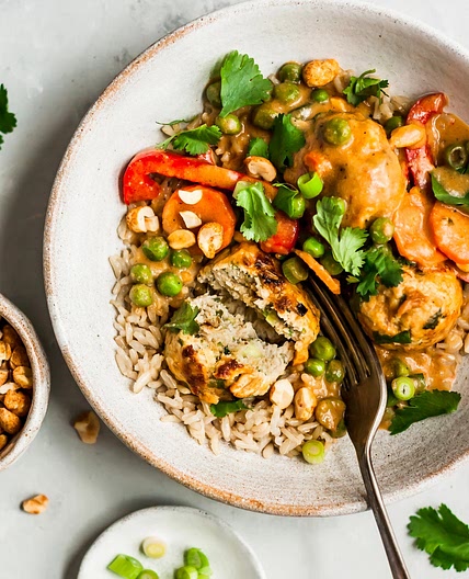 One Pan Ginger Chicken Meatballs with Peanut Sauce