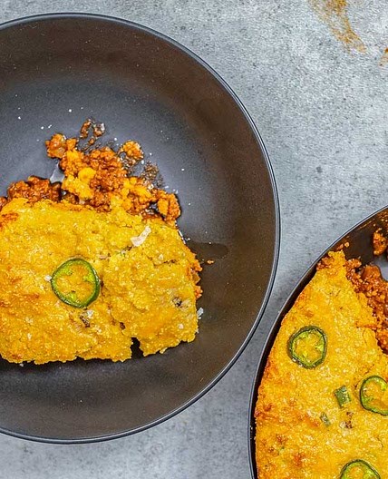 Cowboys Pie – Jalapeño Cheddar Cornbread on Top, Chili on Bottom